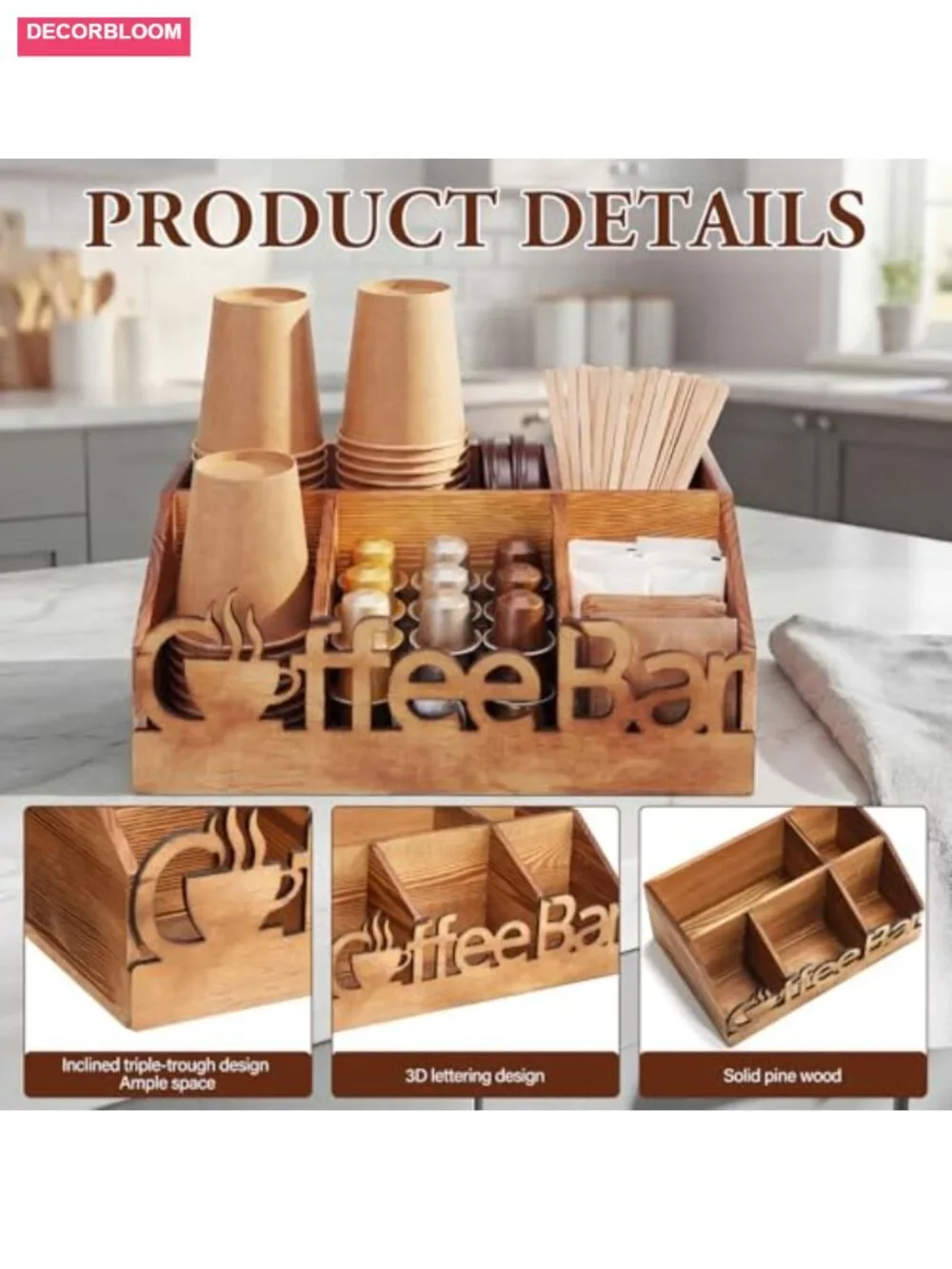 Wood Coffee Station Organizer Countertop Storage Basket for Pods, Tea,